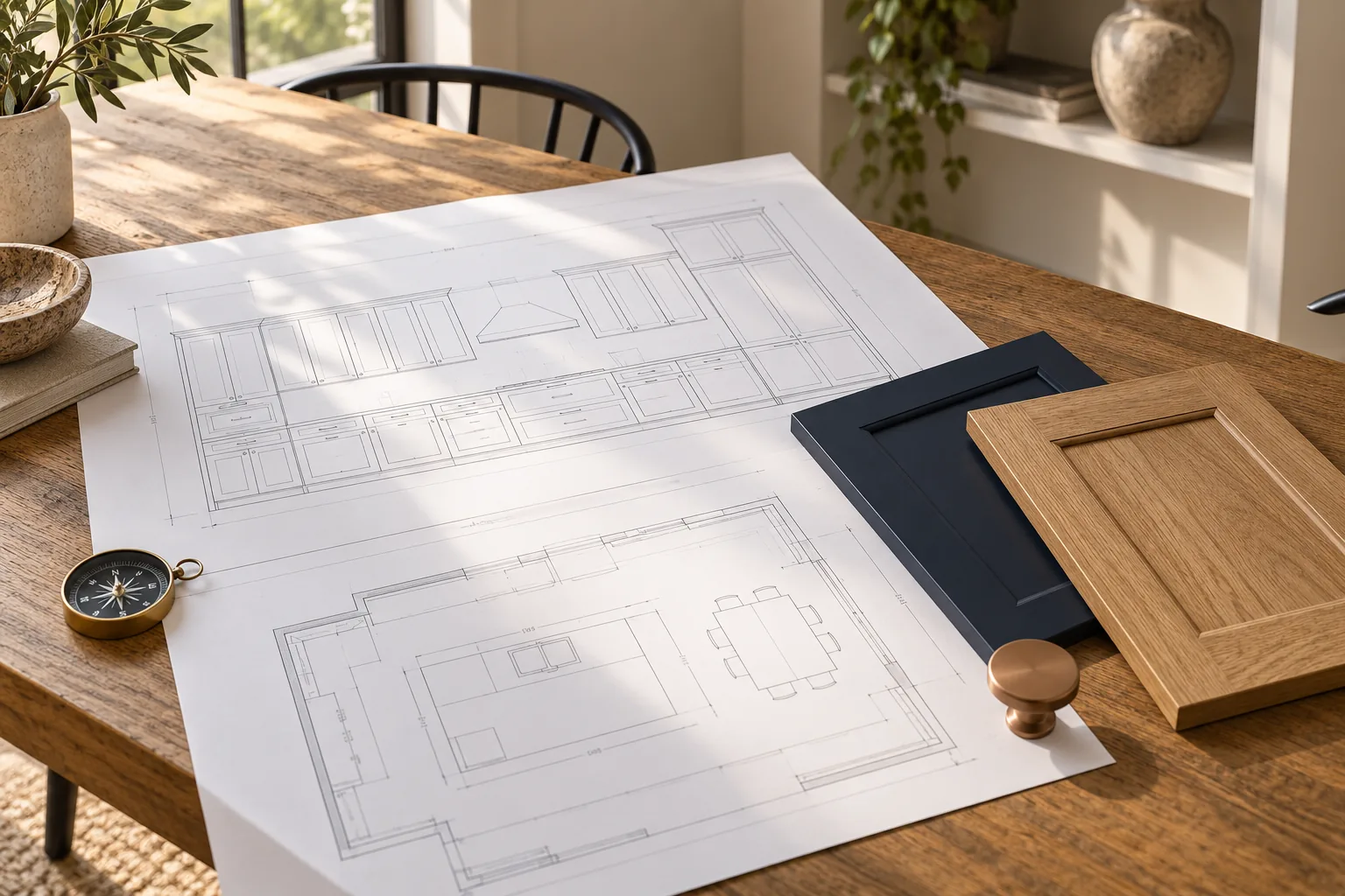 Navy and oak cabinet door samples beside room drawings and a small compass