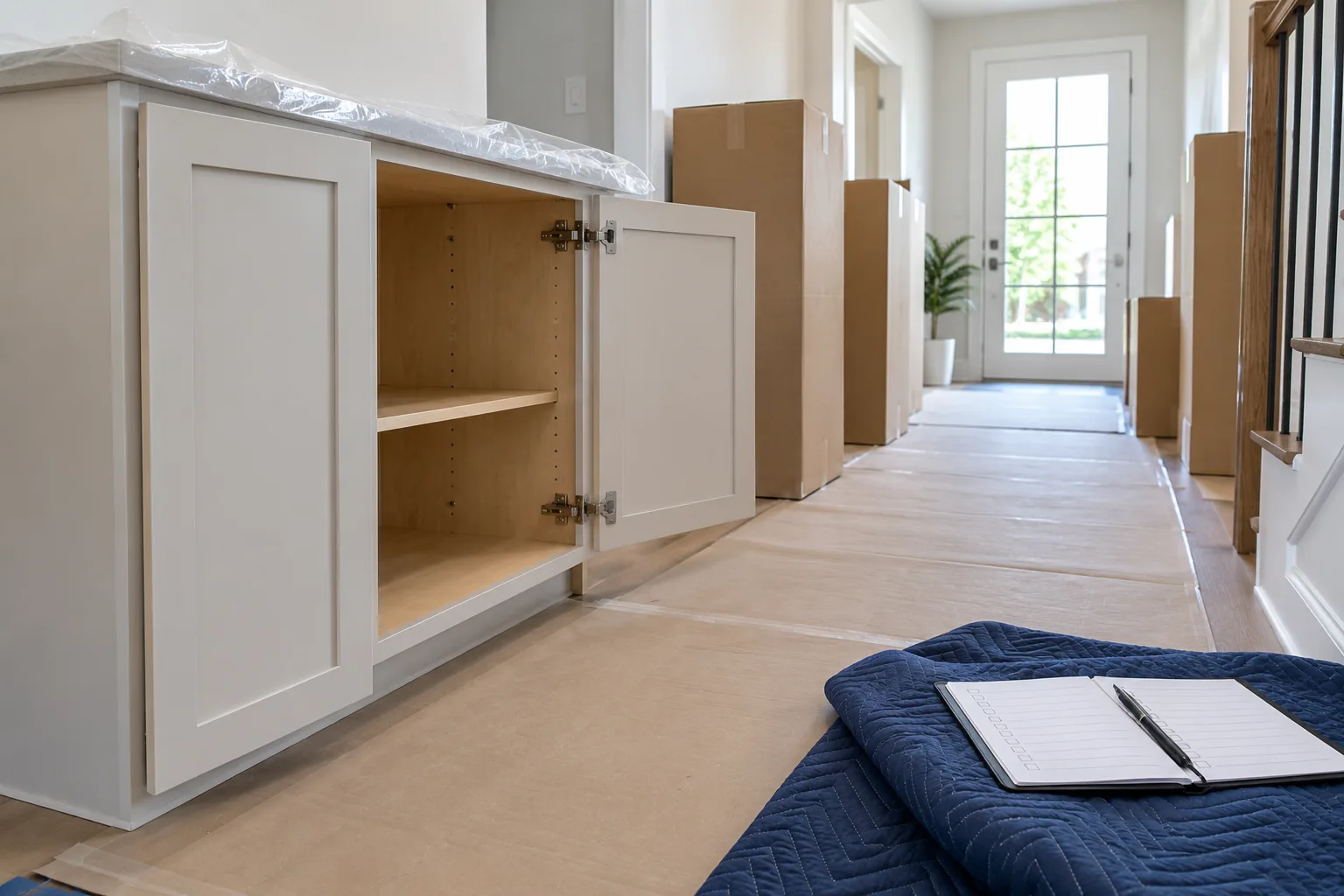 White cabinet with an open door beside plain cartons and a protected receiving corridor